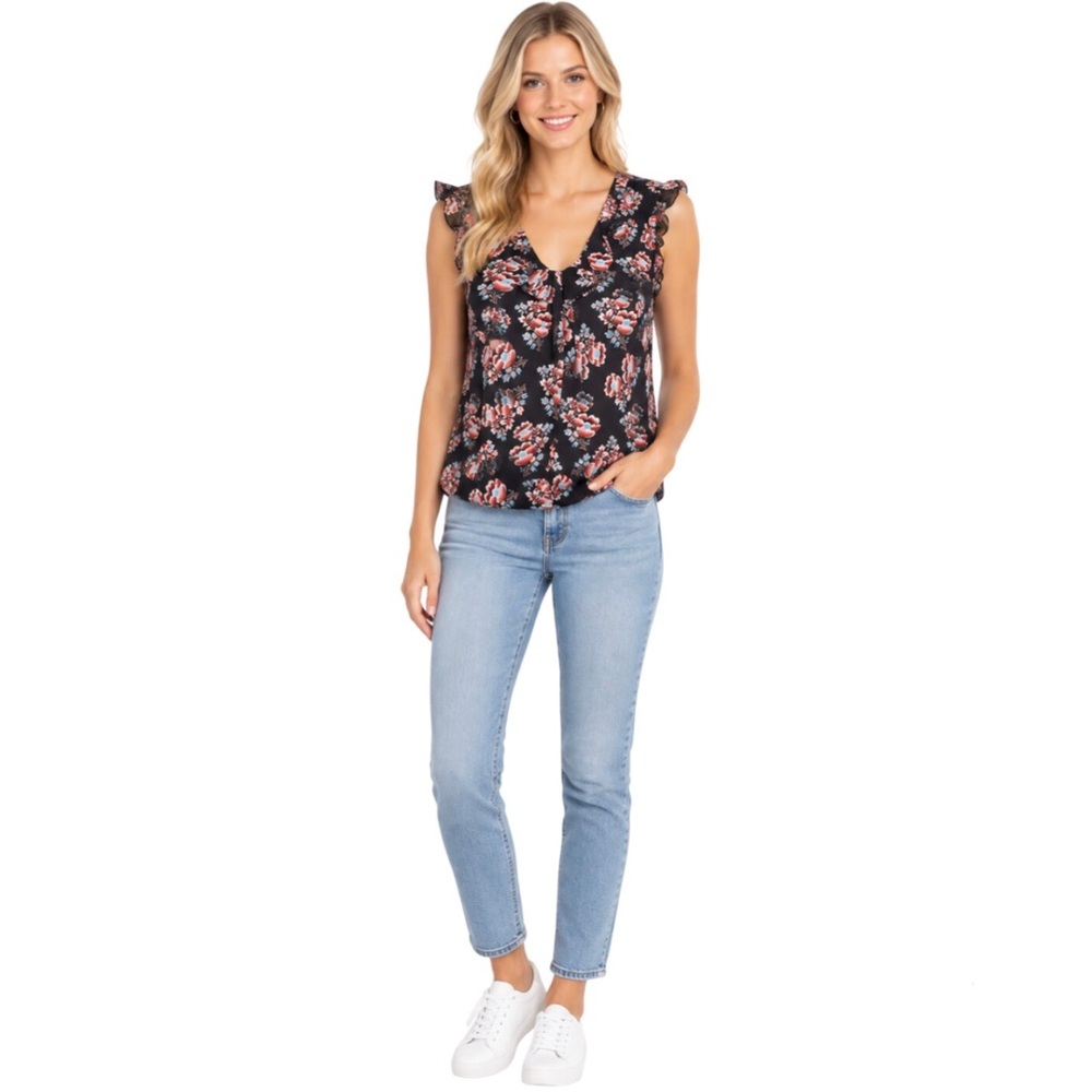 Lark And Ro Black Floral Ruffle Chiffon Blouse Sleeveless Size XS